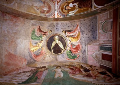 Livssyklusen til døperen Johannes: "" Gud Faderen omgir engler"", dåpen til Kristus og den hellige Hieronymus i hans studie - av Tommaso Masolino da Panicale