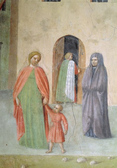 St. Peter helbreder en krøpling og oppdragelsen av Tabitha: detalj av fjerne skikkelser: nonne og mor og barn, fresco ca. 1427 av Tommaso Masolino da Panicale