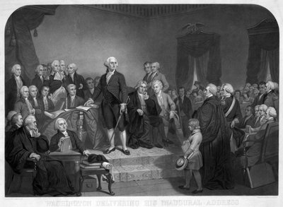 Washington holdt sin åpningstale i april 1789, pub. ca. 1850 av Tompkins Harrison Matteson