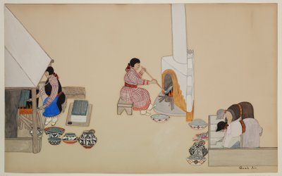 Women Weaving and Supervising Kiln, tidlig på 1900-tallet (kasein på papir) av Tonita Peña