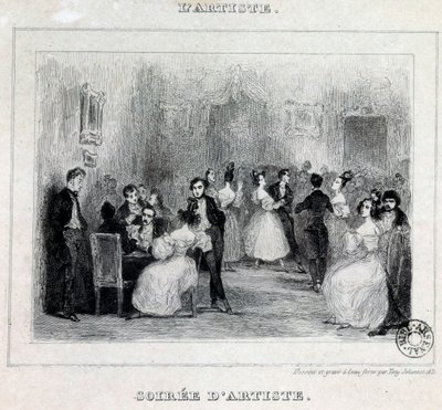 En kunstneraften: ball- og kortspill under en borgerlig aften Tegning av Antoine Johannot dit Tony Johannot (1803-1852) 1831 Paris, Bibliotheque de l