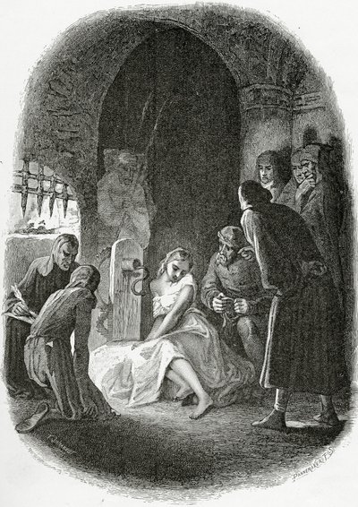 Forhøret av Esmeralda - illustrasjon fra Notre Dame de Paris, 1800-tallet (bw gravering) av Tony Johannot