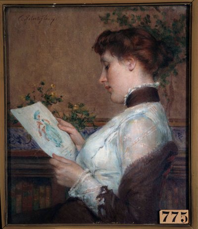 Bildet En kvinne som beundrer en tegning. Maleri av Tony Robert Fleury (1837-1912) Orleans fra 1800-tallet, Musee des Beaux Arts av Tony Robert Fleury