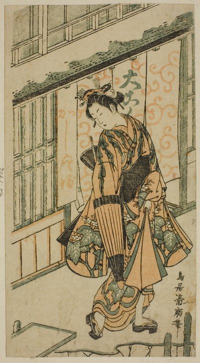 Ung kvinne som holder en paraply av Torii Kiyohiro