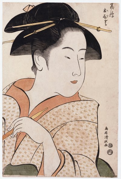 Et bysteportrett av Ohisa av Takashimaya som holder en tobakkspipe av Torii Kiyomasa