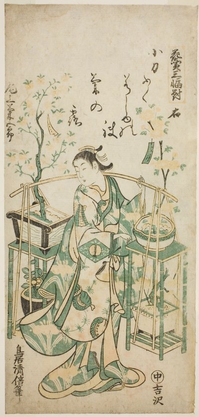 Skuespilleren Onoe Kikugoro I, høyre ark av "Flower Vendor Triptych (Hanauri sanpukutsui)" av Torii Kiyomasu II