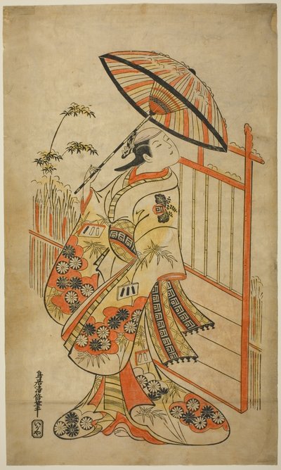 Skuespilleren Sanogawa Mangiku I som Sanada, datteren til spinneren Itoya, i stykket "Hiragana Yomeiri Izu Nikki," fremførte på Nakamura Theatre i den ellevte måneden, 1718 av Torii Kiyomasu II