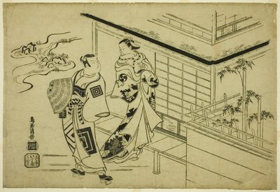 Skuespillerne Nakamura Takesaburo I som Kewaizaka no Shosho og Ichikawa Danjuro II som Soga no Goro i stykket "Bando Ichi Kotobuki Soga," fremført på Nakamura Theatre den første måneden, 1715 av Torii Kiyomasu I