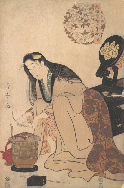 Lady arrangerer Binsashi-støtte for håret over templene for å sette i håret hennes, ca..., ca. 1808. av Torii Kiyomine