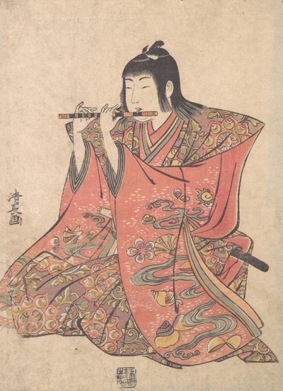 En dukke som representerer en gutt som spiller fløyte, ca. 1780. av Torii Kiyonaga