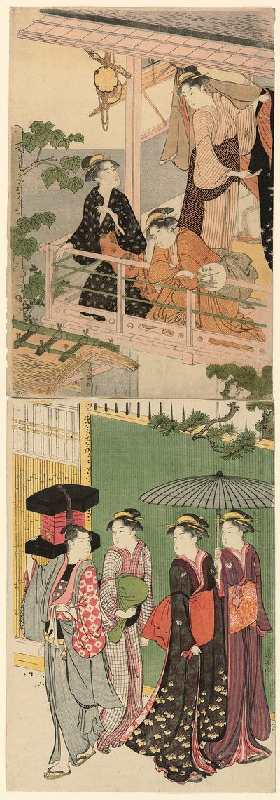 En viftehandler som passerer under en balkong av Torii Kiyonaga
