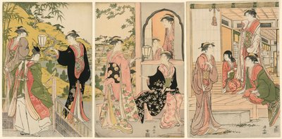 En moderne versjon av Ushiwakamaru Serenading Princess Joruri av Torii Kiyonaga