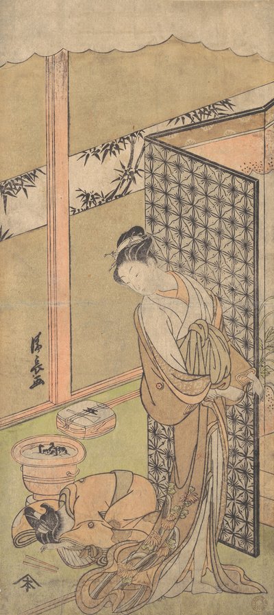En Oiran i nattdrakt, pause, med én hånd på skjermen som omgir sengen hennes,..., ca. 1770. av Torii Kiyonaga