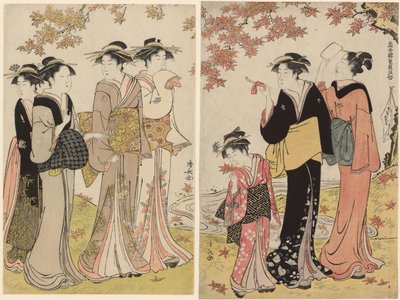 Beauties Under a Maple Tree, fra serien "A Collection of Contemporary Beauties of the Pleasure Quarters (Tosei yuri bijin awase)" av Torii Kiyonaga