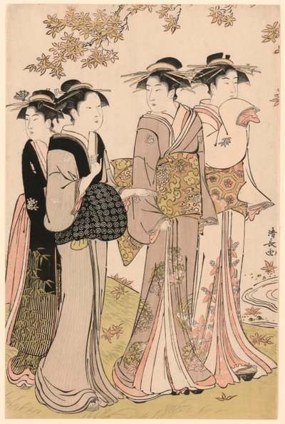 Beauties Under a Maple Tree, fra serien "A Collection of Contemporary Beauties of the Pleasure Quarters (Tosei yuri bijin awase)" av Torii Kiyonaga