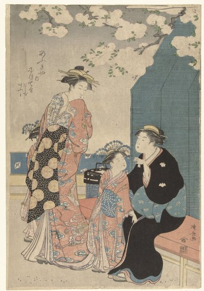 Courtesane med to ledsagere under cherryblossom av Torii Kiyonaga