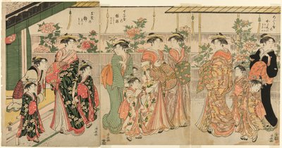 Kurtisaner av Yoshiwara og deres ledsagere ser på peonene på Nakanocho av Torii Kiyonaga