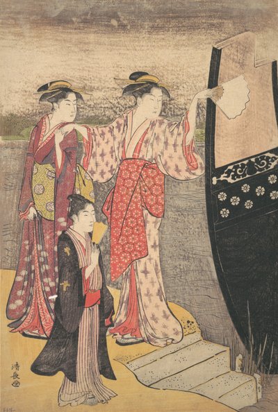 Avstigning fra en fritidsbåt på Sumida-elven. av Torii Kiyonaga