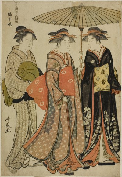 Entertainers of Tachibana (Kitchugi), fra serien "A Collection of Contemporary Beauties of the Pleasure Quarters (Tosei yuri bijin awase)" av Torii Kiyonaga