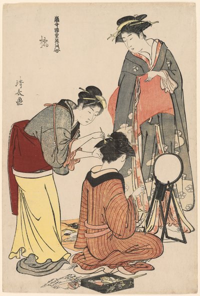 Underholdere fra Tachibana, fra serien "A Collection of Contemporary Beauties of the Pleasure Quarters (Tosei yuri bijin awase)", ca. 1782 (farget treblokktrykk; oban) av Torii Kiyonaga