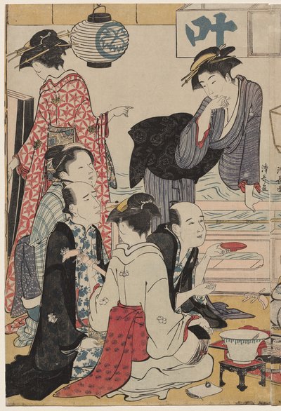 Underholdning på en balkong ved vannet i Nakasu, fra serien, A Collection of Beautiful Modern Women of the Pleasure Quarters av Torii Kiyonaga