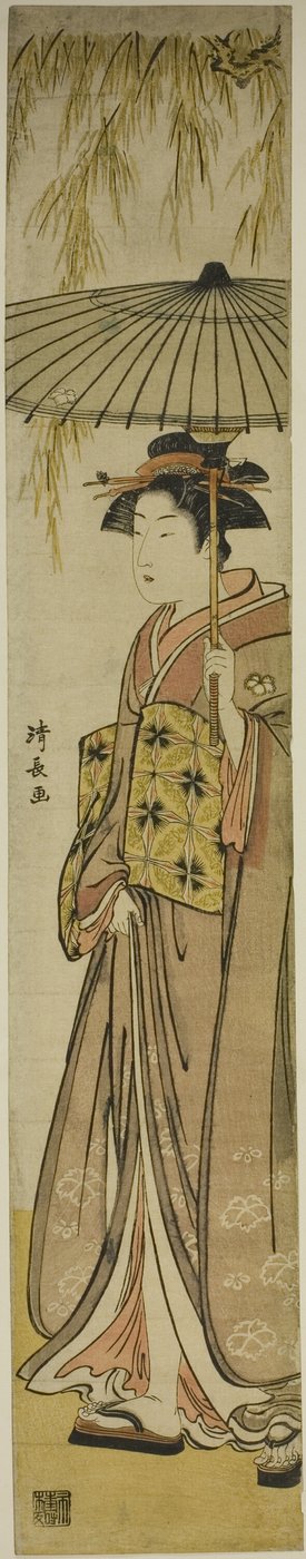 Geisha som bærer en parasoll under et piletre av Torii Kiyonaga