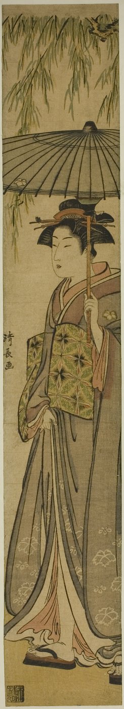 Geisha som bærer en parasoll under et piletre av Torii Kiyonaga