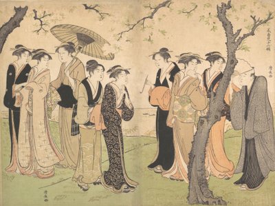 Gruppe på seks geisha under kirsebærtrærne på Gotenyama, ca. 1785. av Torii Kiyonaga