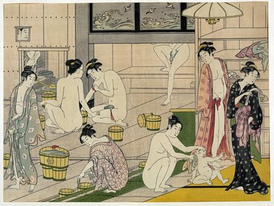 The Bathhouse Women - Verk av Torii Kiyonaga (1752-1815), trykk (18 x 13,5 cm), ca. 1790 - Privat samling av Torii Kiyonaga