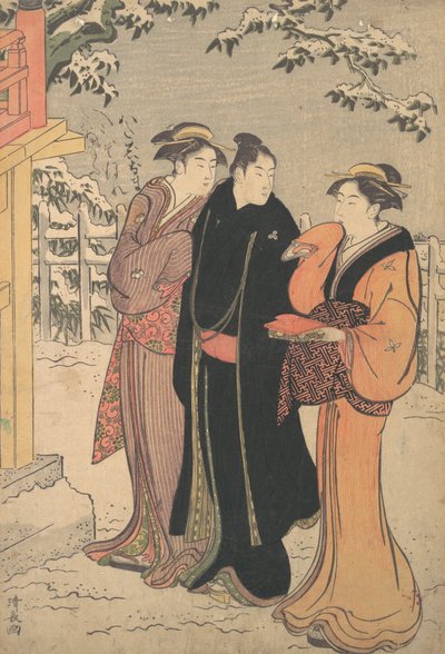 Mann i en svart Haori-frakk og to kvinner som nærmer seg et tempel. av Torii Kiyonaga