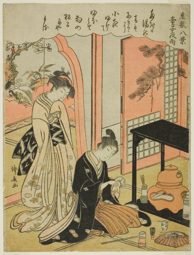 Night Rain of the Tea Stand, fra serien "Eight Scenes of the Parlor (Zashiki hakkei)" av Torii Kiyonaga