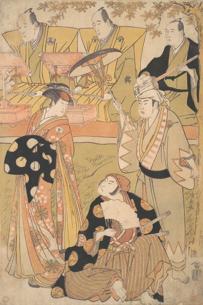 Onoe Matsusuke I som en Oiran står til venstre og snakker med Nakamura Nakazo I som en Sam..., ca. 1788. av Torii Kiyonaga
