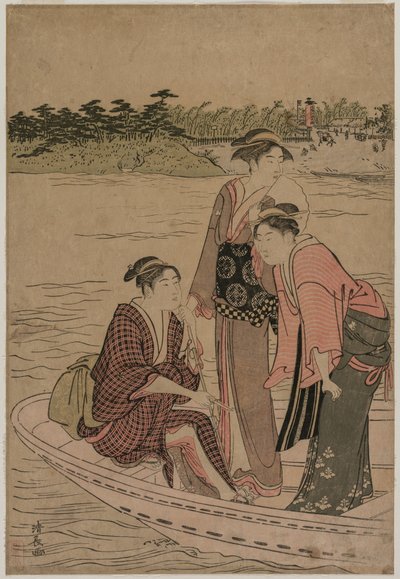 Pasageri într-un feribot pe râul Sumida norvegian av Torii Kiyonaga