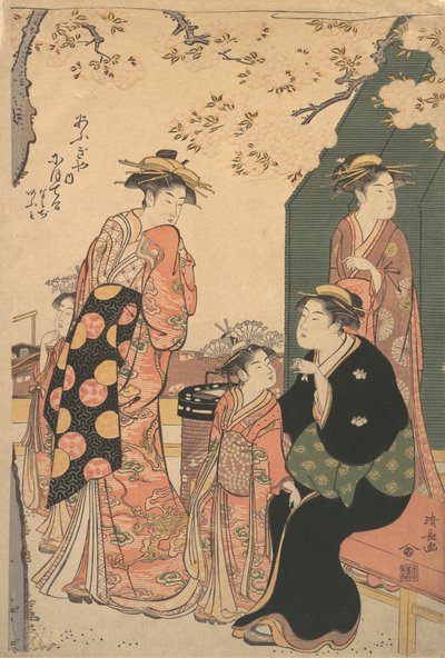 Portrett av kurtisanen Nioteru fra Ogiya, med hennes to ledsagere Namiji og Ao-..., ca. 1785. av Torii Kiyonaga