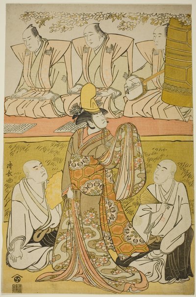 Skuespilleren Nakamura Nakazo I som Shirabyoshi Katsuragi, Matsumoto Koshiro IV som munken Meigetsubo, og Otani Hiroji III som munken Izayoibo, i stykket "Edoganoko Musume Dojoji," fremført på Ichimura Theatre i den åttende måneden, 1783 av Torii Kiyonaga