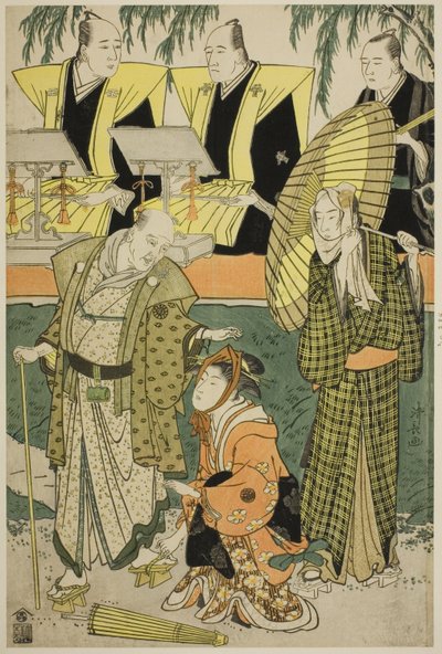 Skuespillerne Bando Matakuro IV som Chubei, Osagawa Tsuneyo II som Umegawa, og Nakamura Katsugoro som Magoemon i stykket "Keisei Koibikyaku" av Torii Kiyonaga