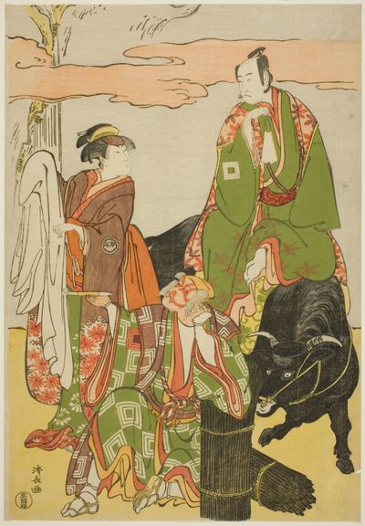 Skuespillerne Ichikawa Monnosuke II som Miyukinosuke, Segawa Kikunojo III som Hatsune-hime, og Ichikawa Danjuro V som Ninnaji no Saibei, i joruri "Shitenno Oe no Yamairi," fremført på Kiri Theatre i den ellevte måneden, 1785 av Torii Kiyonaga