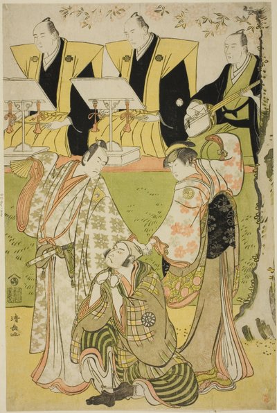 Skuespillerne Ichikawa Monnosuke II som Munesada, Segawa Kikunojo III som kurtisanen Sumizome, og Nakamura Nakazo I som Sekibei, i stykket "Tsumoru Koi Yuki no Seki no To," fremført på Kiri Theatre i den ellevte måneden, 1784 av Torii Kiyonaga