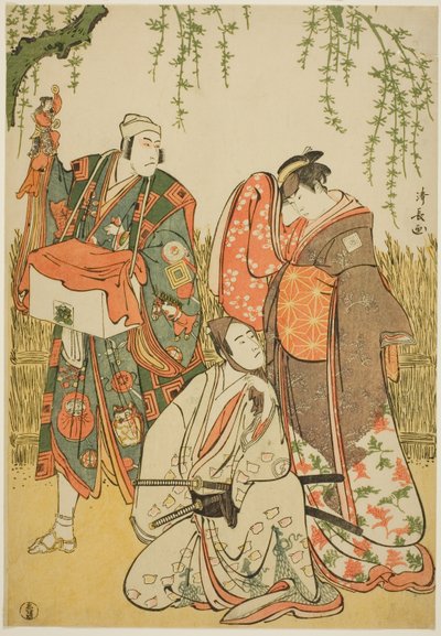 Skuespillerne Ichikawa Yaozo III som Shiragiku, Ichikawa Danjuro V som dukkefører Dekurokubei, og Sawamura Sojuro III som Soga no Juro, i joruri "Shinobukoi Yanagi no Katsura Otoko," opptrådte på Nakamura Theatre den første måneden, 1785 av Torii Kiyonaga