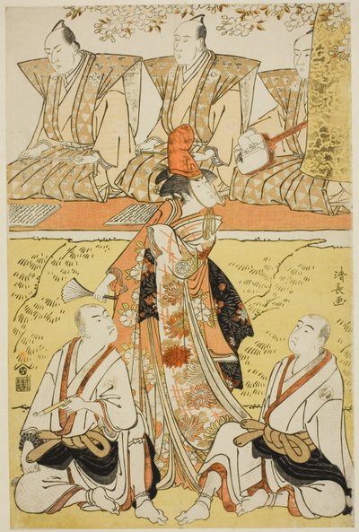 Skuespillerne Segawa Kikunojo III som Koito, Sawamura Sojuro III som munken Sainenbo, og Ichikawa Monnosuke II som munken Renseibo, i shosaen "Mata Saku Hana Museume Dojoji," fremført på Nakamura Theatre i den fjerde måneden, 1783 av Torii Kiyonaga