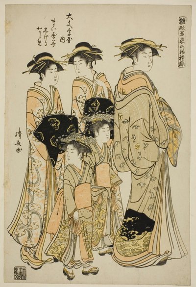 Kurtisanen Maizumi fra Daimonjiya med hennes ledsagere Shigeki og Naname, fra serien "Models for Fashion: New Designs as Fresh as Young Leaves (Hinagata wakana no hatsu moyo)" av Torii Kiyonaga
