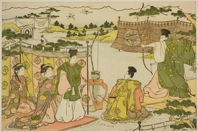 Den første bueskytingsøvelsen for det nye året (Yumi hajime), fra den illustrerte boken "Colors of the Triple Dawn (Saishiki mitsu no asa)" av Torii Kiyonaga