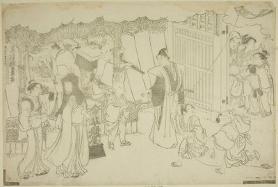 The First Day of Business (Akinai hajime), fra den illustrerte boken "Colors of the Triple Dawn (Saishiki mitsu no asa)" av Torii Kiyonaga
