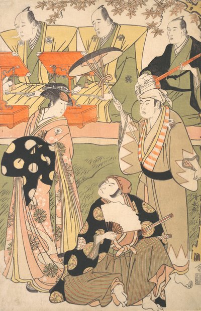 Teaterscene, med musikere. av Torii Kiyonaga
