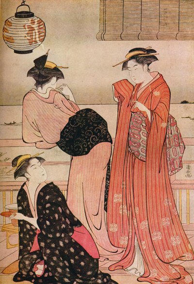 Tre jenter på verandaen til et tehus med utsikt over Edo Bay ved Shinagawa, c1752-1815 av Torii Kiyonaga