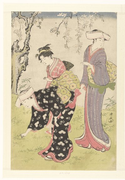 To kvinner og en jente under et blomstrende kirsebærtre Brokader med skikker og skikker i øst (serietittel) Fuzoku Azuma no Nishiki (serietittel) av Torii Kiyonaga