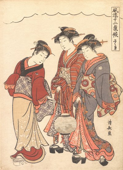 To geisha foran av en hushjelp som bærer en lykt, ca. 1778. av Torii Kiyonaga