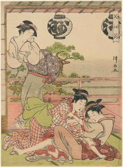 Two Geisha Struggling for a Letter (Fumi no arasoi), fra serien "Flowers of Nakasu (Nakasu no hana)" av Torii Kiyonaga