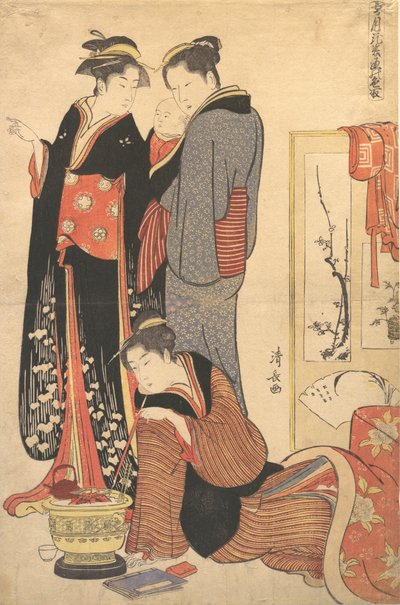 To kvinner som står og holder et barn, ca. 1785. av Torii Kiyonaga