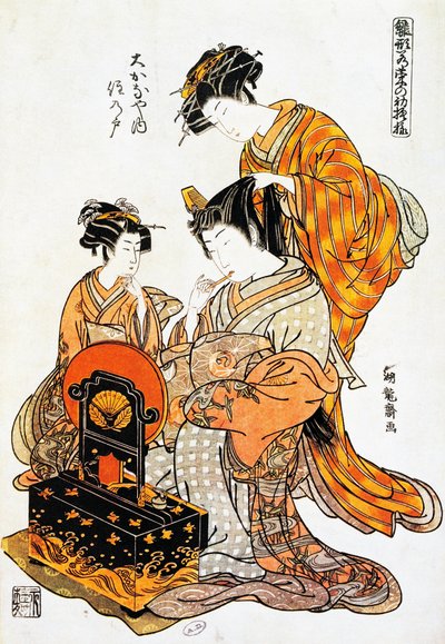 Kvinne foran speilet mens hun har kjemmet håret, ukiyo-e kunsttrykk av Torii Kiyonaga (1751-1815), tresnitt, japansk sivilisasjon, Edo-perioden av Torii Kiyonaga